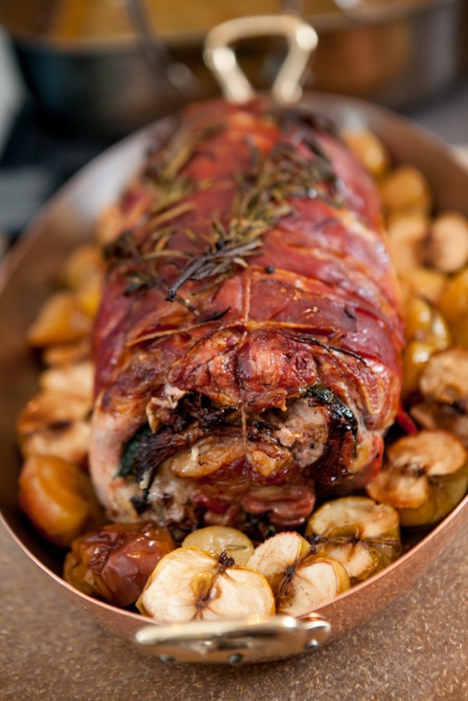 Prosciutto-Wrapped Pork Loin with Roasted Apples.