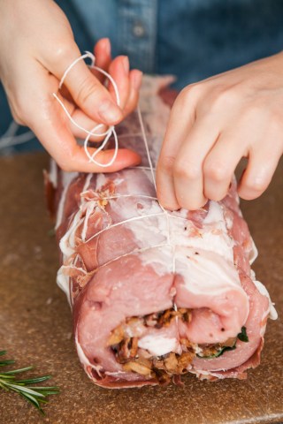Secure pork loin with twine. 